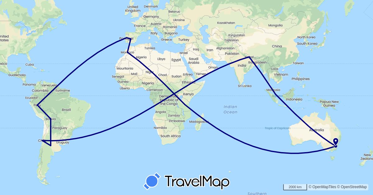 TravelMap itinerary: driving in Argentina, Australia, Bolivia, Chile, Spain, Morocco, Nepal, Peru, Portugal, Singapore, Tanzania (Africa, Asia, Europe, Oceania, South America)